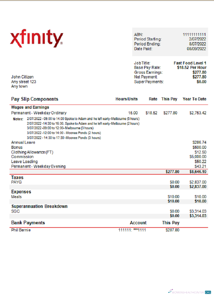 Download USA Xfinity broadasting company pay stub Photoshop template